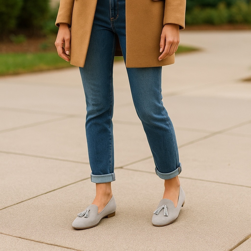 J Crew Cora Gray Suede Leather Casual Tassel Loafers Preppy Feminine Size 7.5